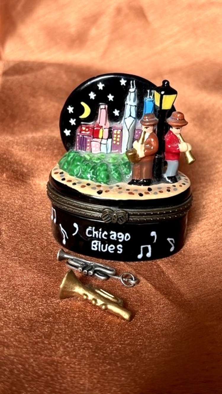 Vintage Chicago Blues Porcelain Hinged Trinket Box Jazz Musicians Street Scene